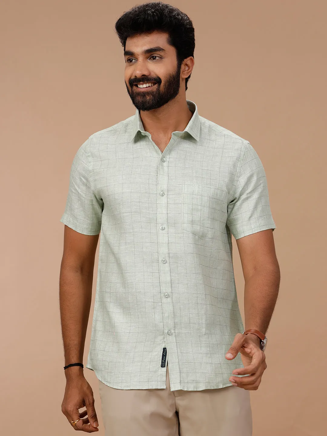 Men Pure Linen Checked Shirt Green - LS80