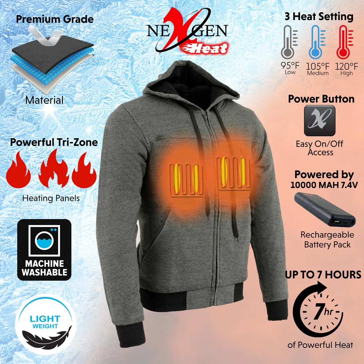 Nexgen Heat MPM1713SET Men's “Fiery’’ Heated Hoodie - Grey Zipper