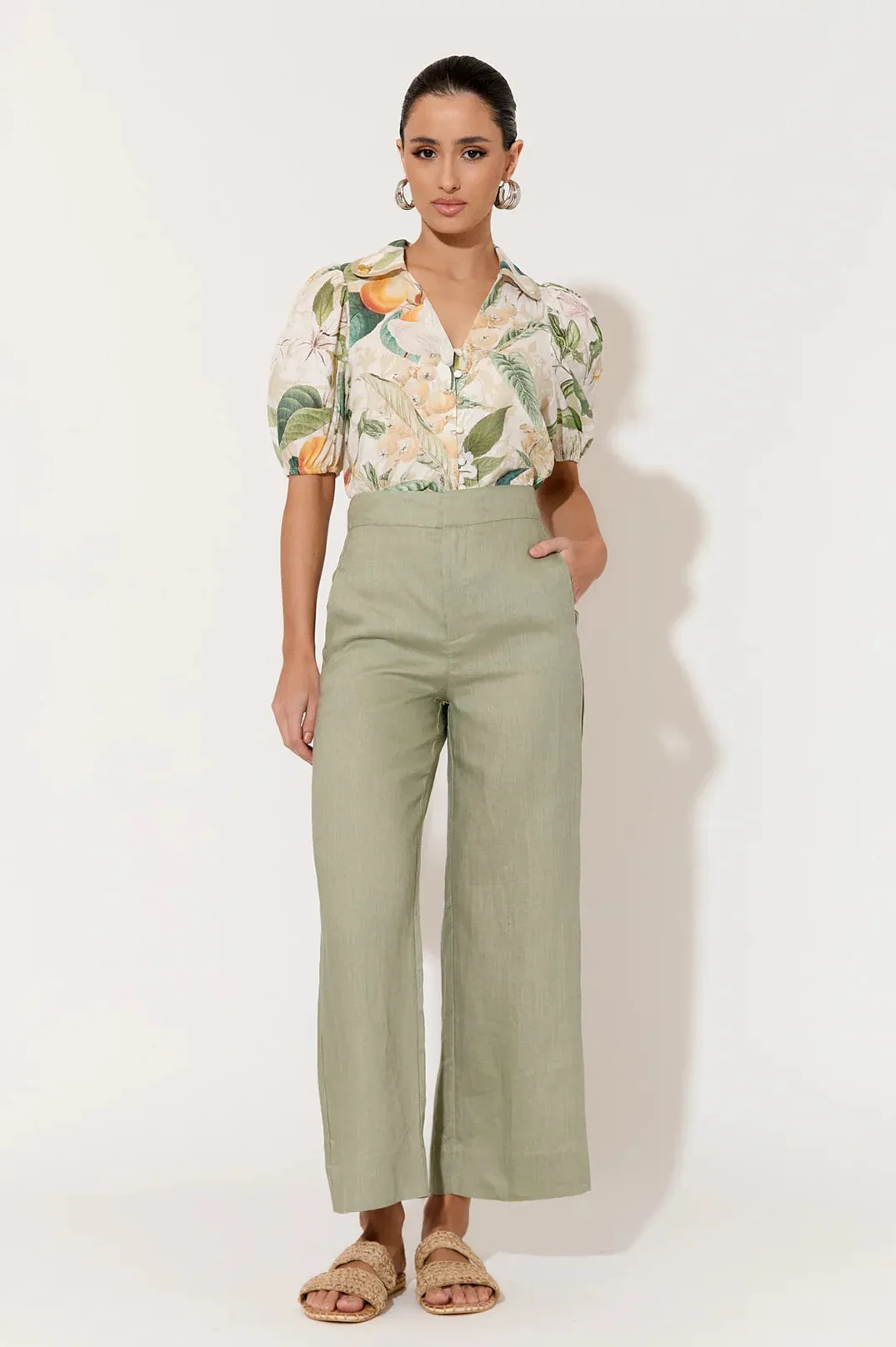 Nisha Cropped Linen Pant Sage Green