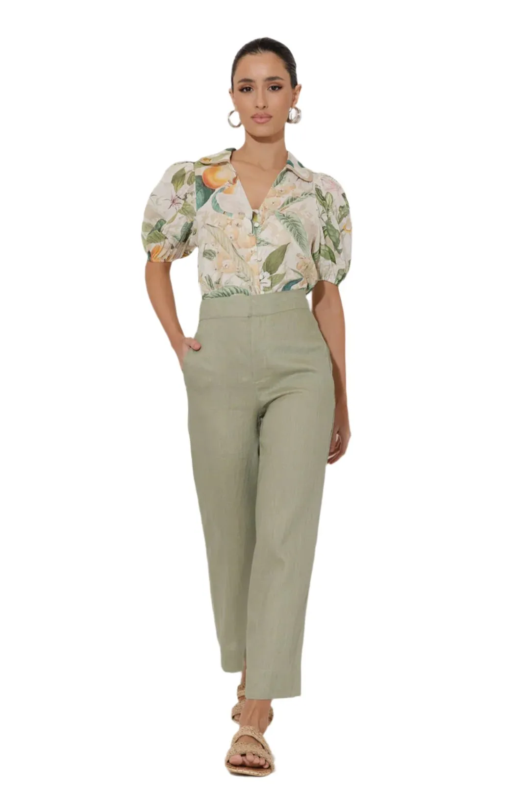 Nisha Cropped Linen Pant Sage Green