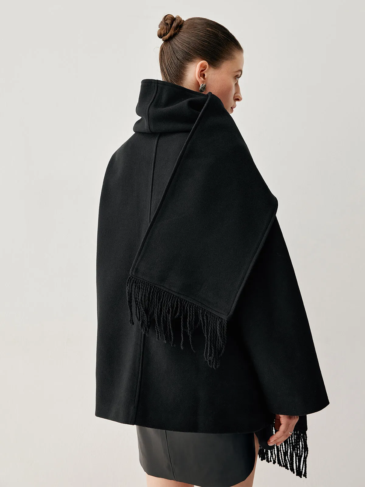 Oversized Button-down Wool Coat Modern with Matching Fringed Scarf