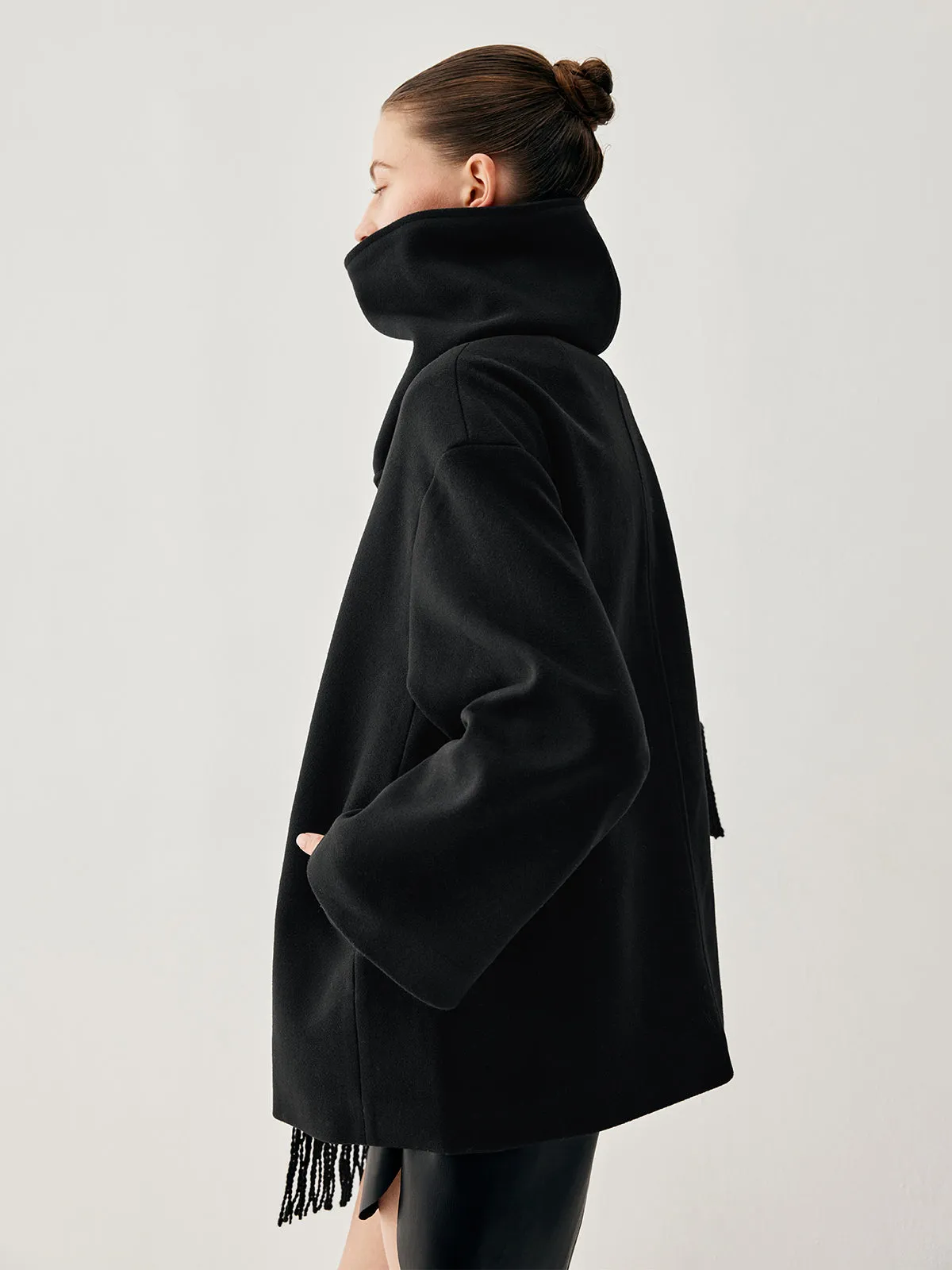 Oversized Button-down Wool Coat Modern with Matching Fringed Scarf