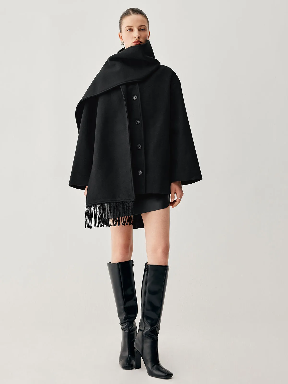 Oversized Button-down Wool Coat Modern with Matching Fringed Scarf