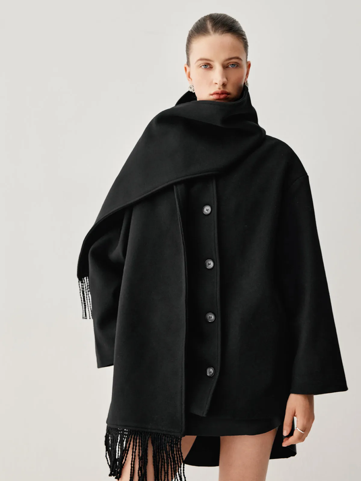 Oversized Button-down Wool Coat Modern with Matching Fringed Scarf