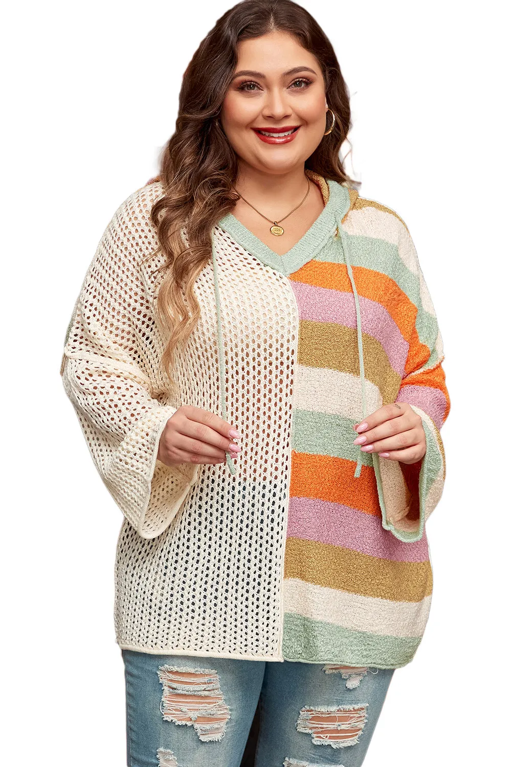 Pointelle Knit Hooded Plus Sweater