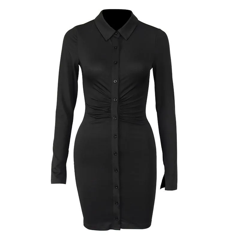 Ruched Black Women's Shirt Dress