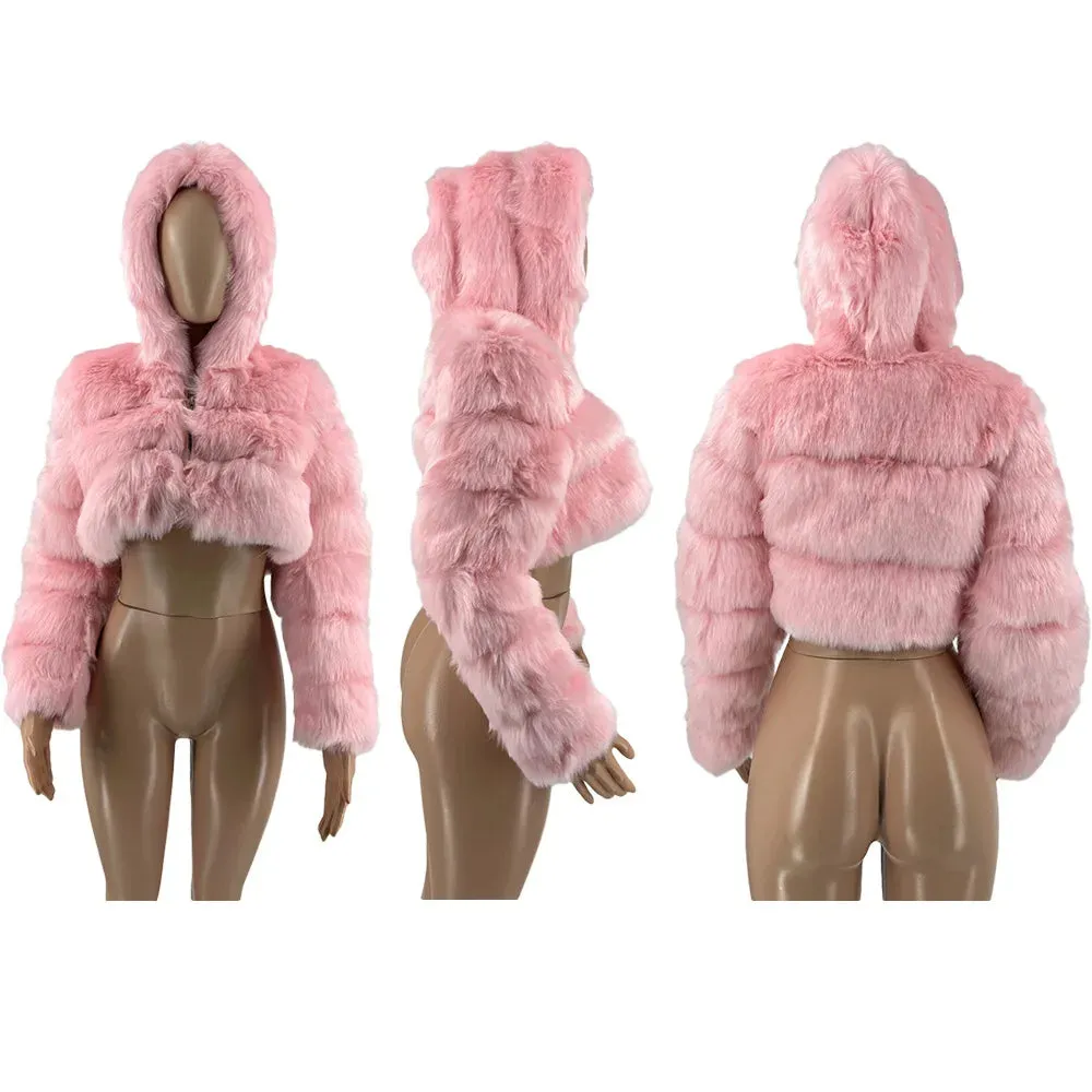 S-2XL Hooded Pink FAUX Fur Coat (Elegant)