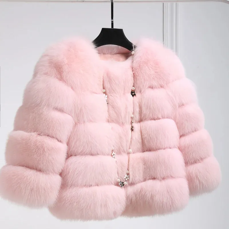 S-2XL Hooded Pink FAUX Fur Coat (Elegant)