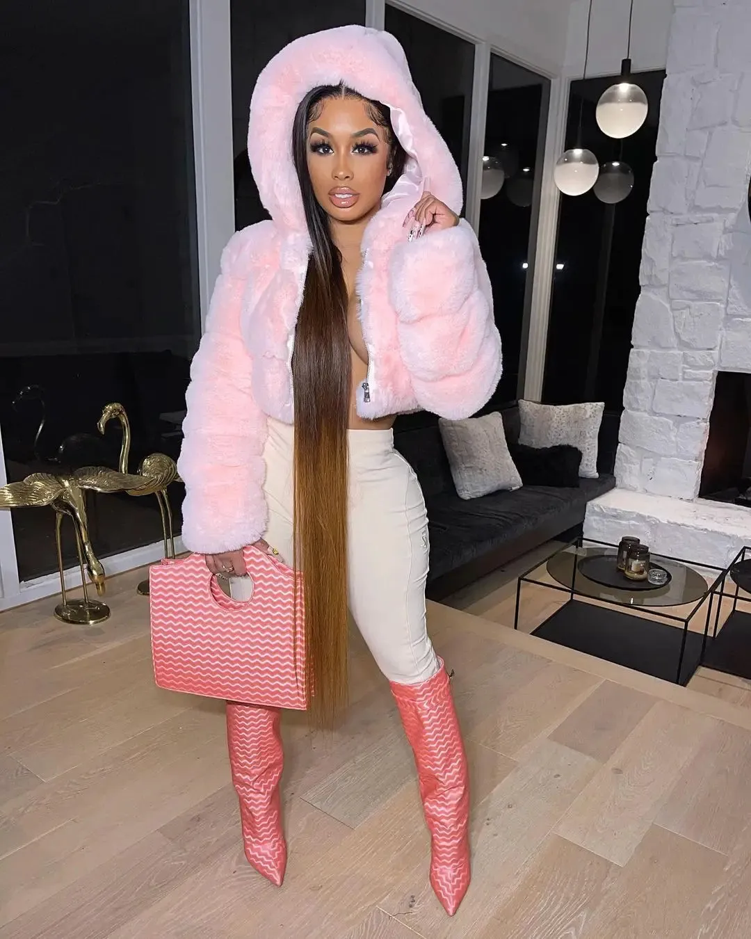 S-2XL Hooded Pink FAUX Fur Coat (Elegant)