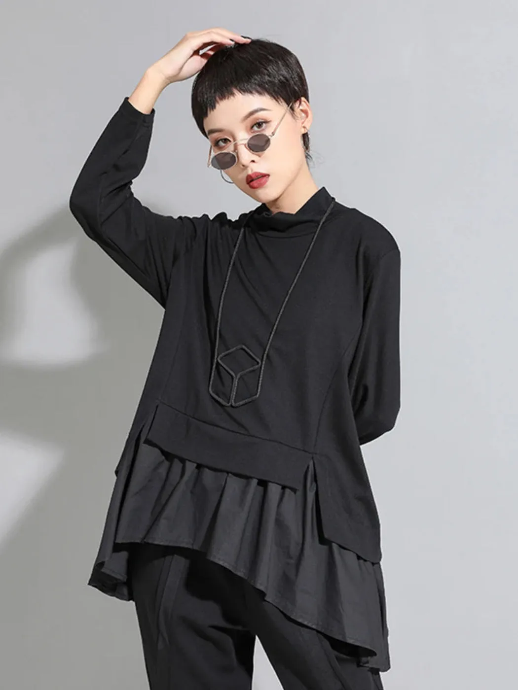 Sculptural Black Asymmetrical Ruffle Shirt