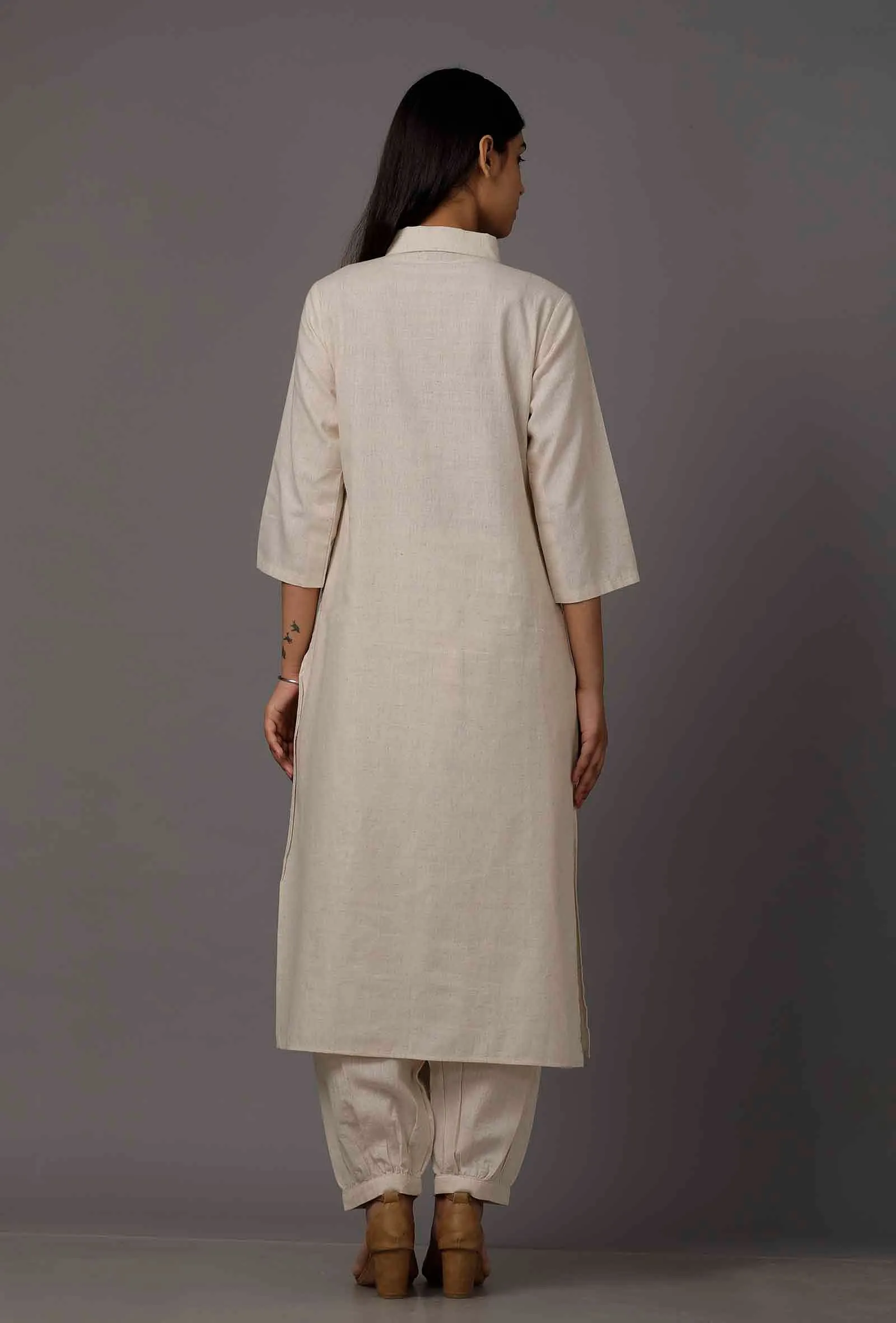 Set of 2: White Pure Woven Cotton Kurta and Pants