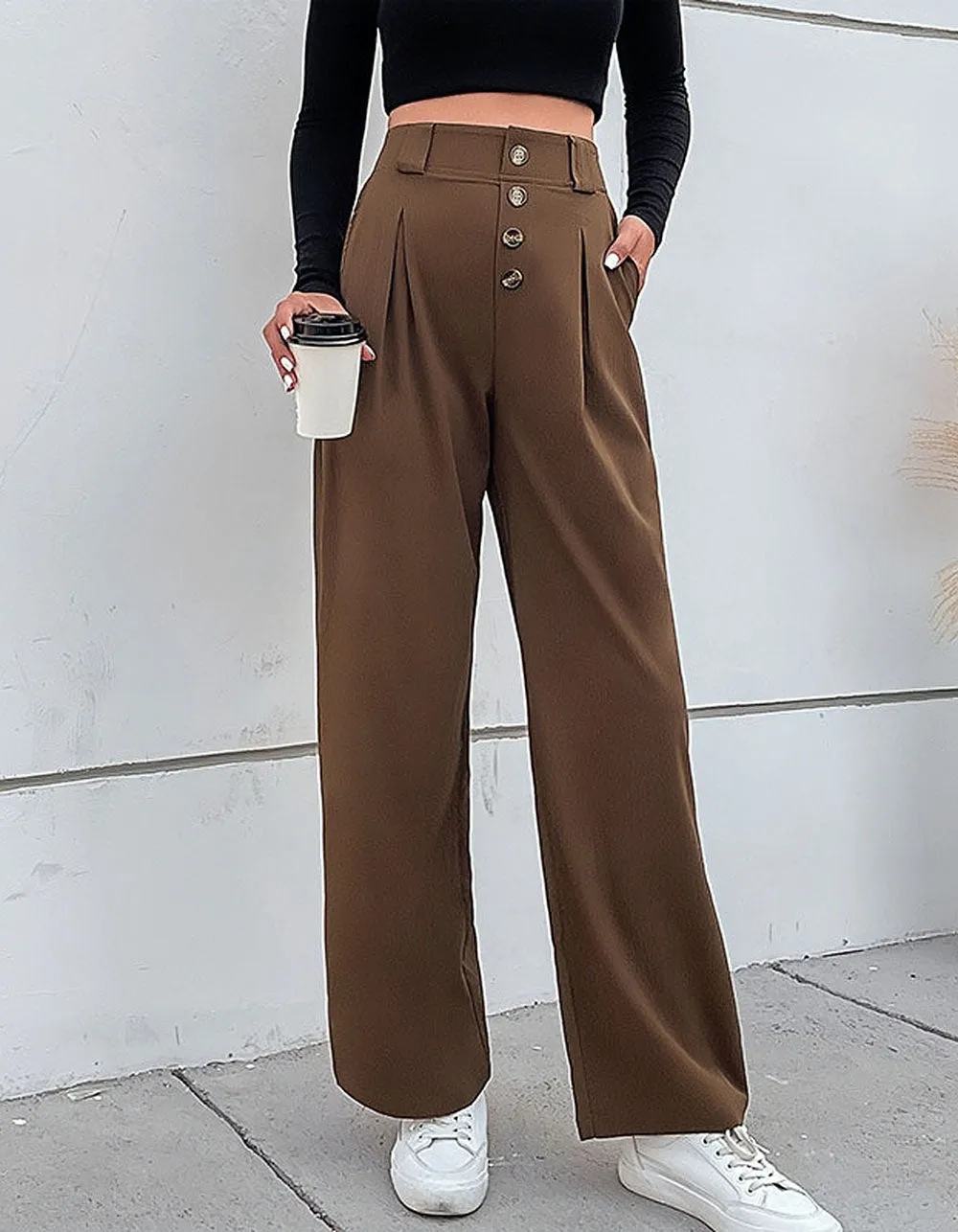 Solid-color Button Pocket OL Wide-Leg Pants