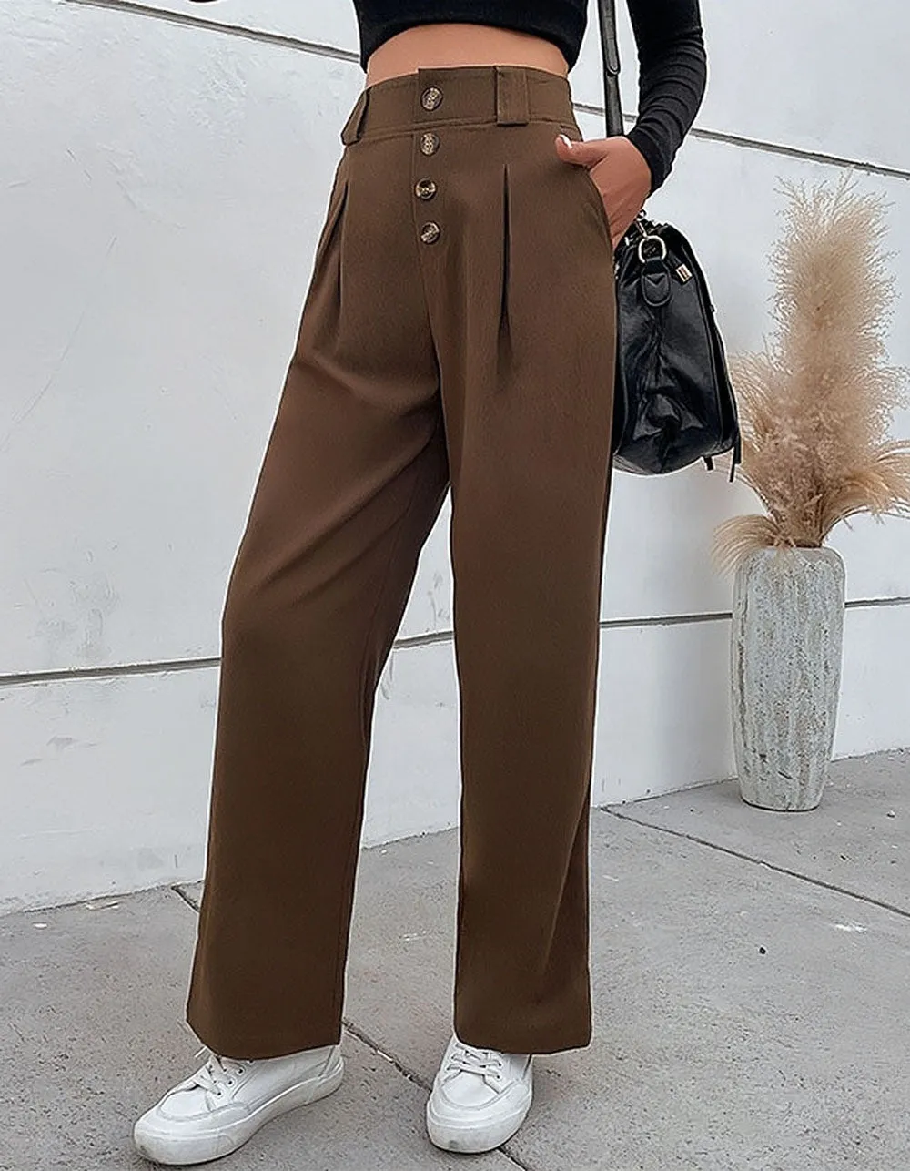 Solid-color Button Pocket OL Wide-Leg Pants