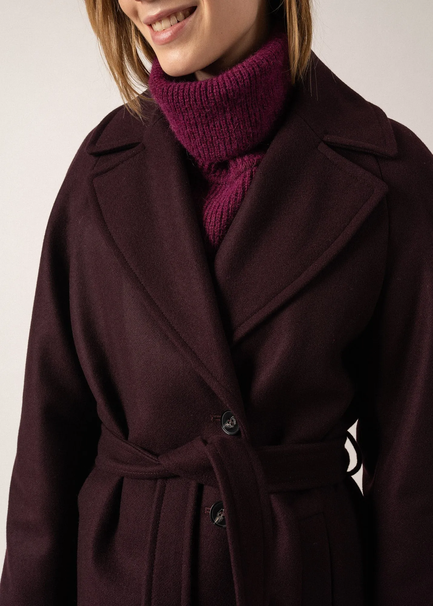 ST ENORA - Tailored Wool Blend Belted Coat for Women (DARK PLUM )