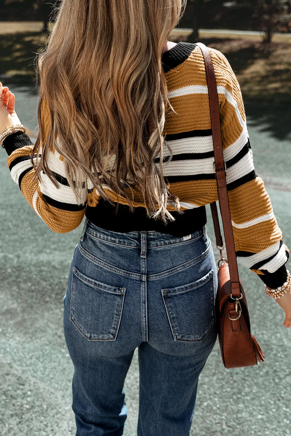 Stripes V Neck Textured Knit Sweater