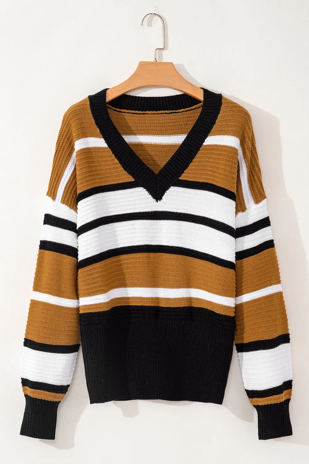 Stripes V Neck Textured Knit Sweater