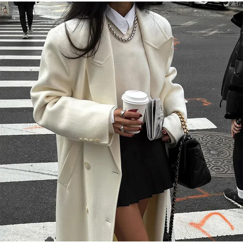 TAVIMART  -  White Elegant Double Breasted Loose Woolen Coat Women Chic Oversized Long Sleeve Overcoat Fall Winter New Ladies Outerwear