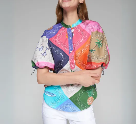 Vilagallo - Short Sleeve Bandana Print Blouse in Multicolor