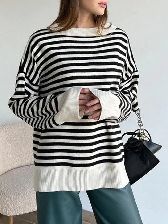 Wenkouban-Spring Casual Outfits Y2K Outfits Stripe Drop Shoulder Slit Loose Sweater