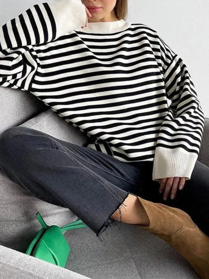 Wenkouban-Spring Casual Outfits Y2K Outfits Stripe Drop Shoulder Slit Loose Sweater