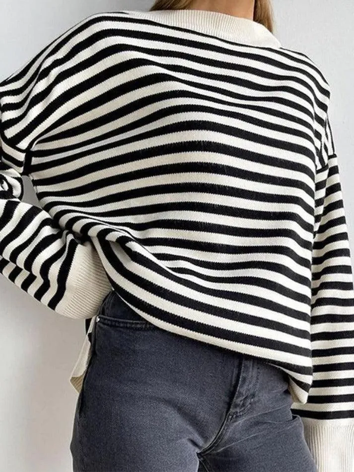 Wenkouban-Spring Casual Outfits Y2K Outfits Stripe Drop Shoulder Slit Loose Sweater