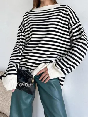 Wenkouban-Spring Casual Outfits Y2K Outfits Stripe Drop Shoulder Slit Loose Sweater