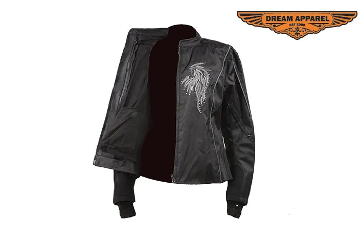 Womens Textile Motorcycle Jacket With Black Hoodie & Wings