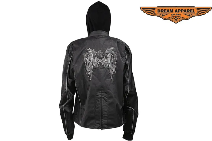 Womens Textile Motorcycle Jacket With Black Hoodie & Wings