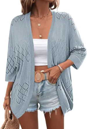 Zeagoo Womens 2024 Lightweight Crochet Cardigan Sweaters Open Front 3/4 Sleeve Knit Kimono Summer Boho Cover Up