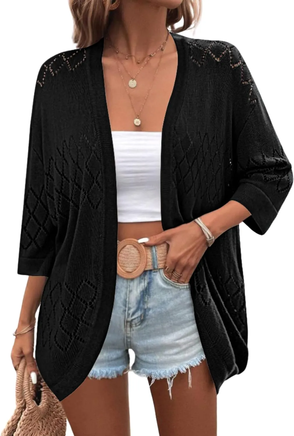 Zeagoo Womens 2024 Lightweight Crochet Cardigan Sweaters Open Front 3/4 Sleeve Knit Kimono Summer Boho Cover Up