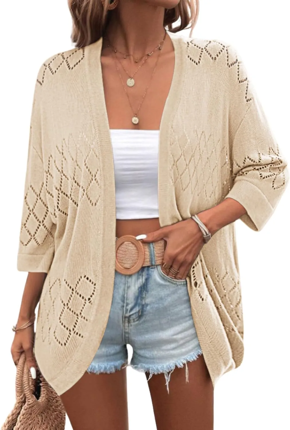 Zeagoo Womens 2024 Lightweight Crochet Cardigan Sweaters Open Front 3/4 Sleeve Knit Kimono Summer Boho Cover Up