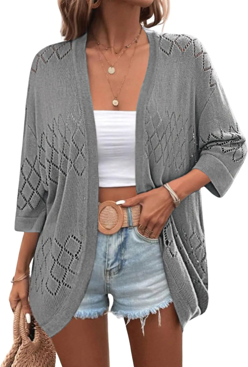 Zeagoo Womens 2024 Lightweight Crochet Cardigan Sweaters Open Front 3/4 Sleeve Knit Kimono Summer Boho Cover Up